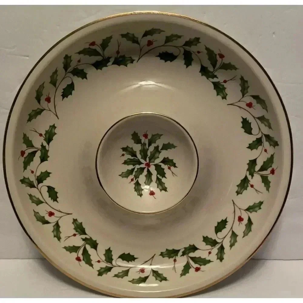 Lenox Dimension Holiday Collection Chip & Dip Plate Holly Berry 12